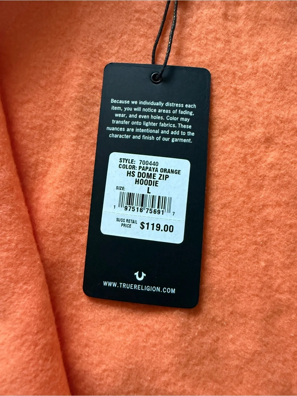 TRUE RELIGION Dome Zip Hoodie  Papaya Orange Mens Size Large RETAIL $119 NWT